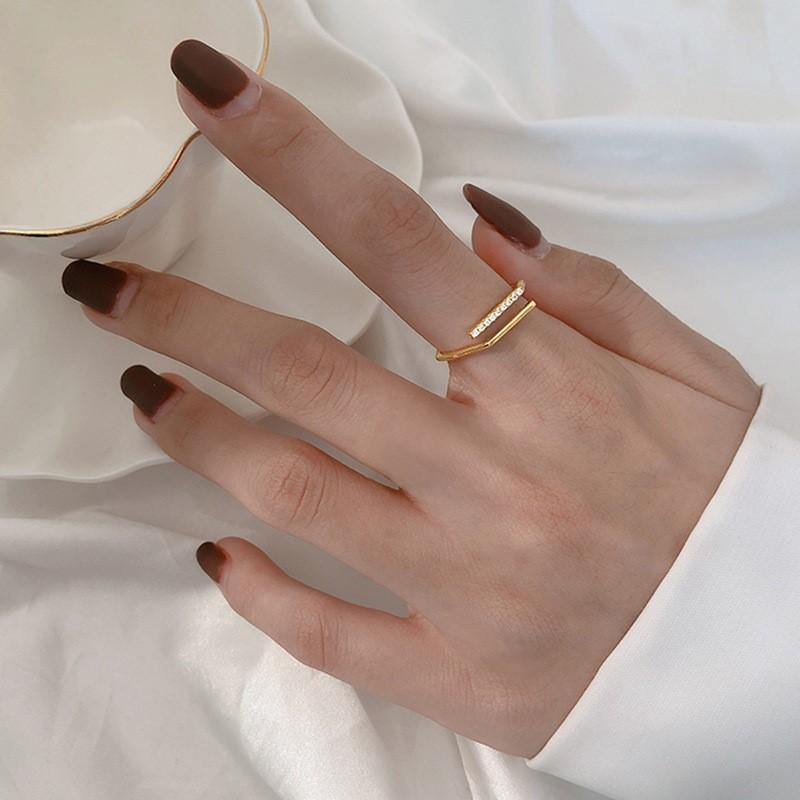 Color Double Layer Cross Line Finger Ring For Women Gold Color Cz Geometric Adjustable Rings Jewelry
