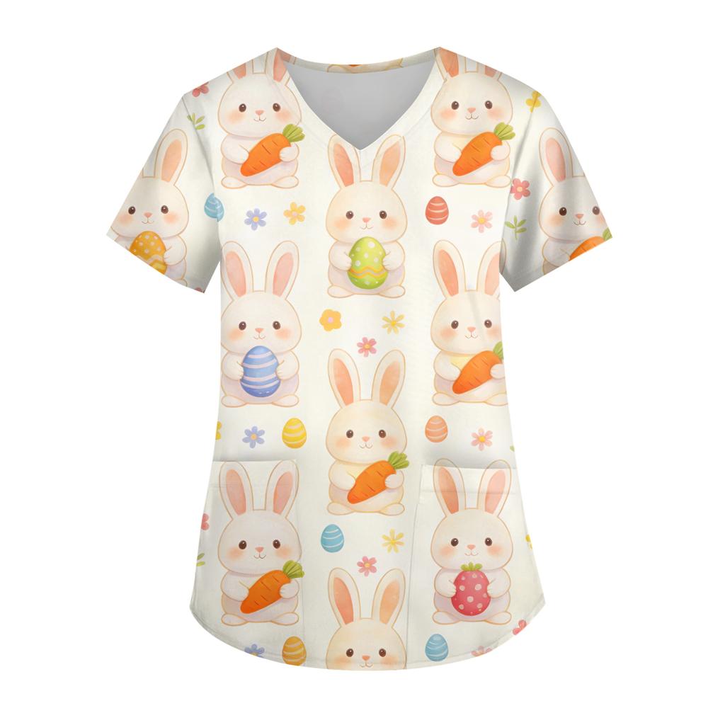 Ladies' Easter printed fashionable V-neck pocket short sleeved uniform and caregiver top