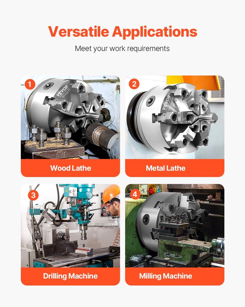 VEVOR 6-Jaw Lathe Chuck, 6 Inch (160 Mm), Self-Centering Chuck with D1-4 Cam Lock Backing Plate