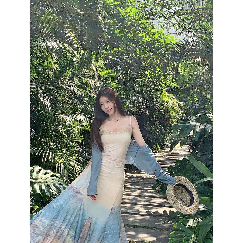 Beautiful Island Suit Vacation Style Sling Dress Mermaid Dress Women's Autumn Long Sleeves Sun Protection Small Cardigan Two-piece Set