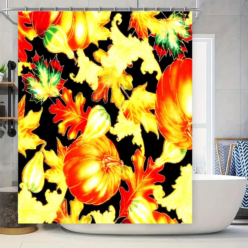 Autumn Leaves Pumpkins Shower Curtain Bath Decor with Eye-Catching Design in Red, Orange, Yellow Green Colors for Bathroom Home