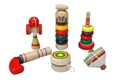 Miniature Japanese Traditional Wooden Toy Set of 6 (1 Each of Wanage, Kendama, Daruma Drop, Pompom Gun (No Sound), Yo-Yo, and Folk Spinning Top)