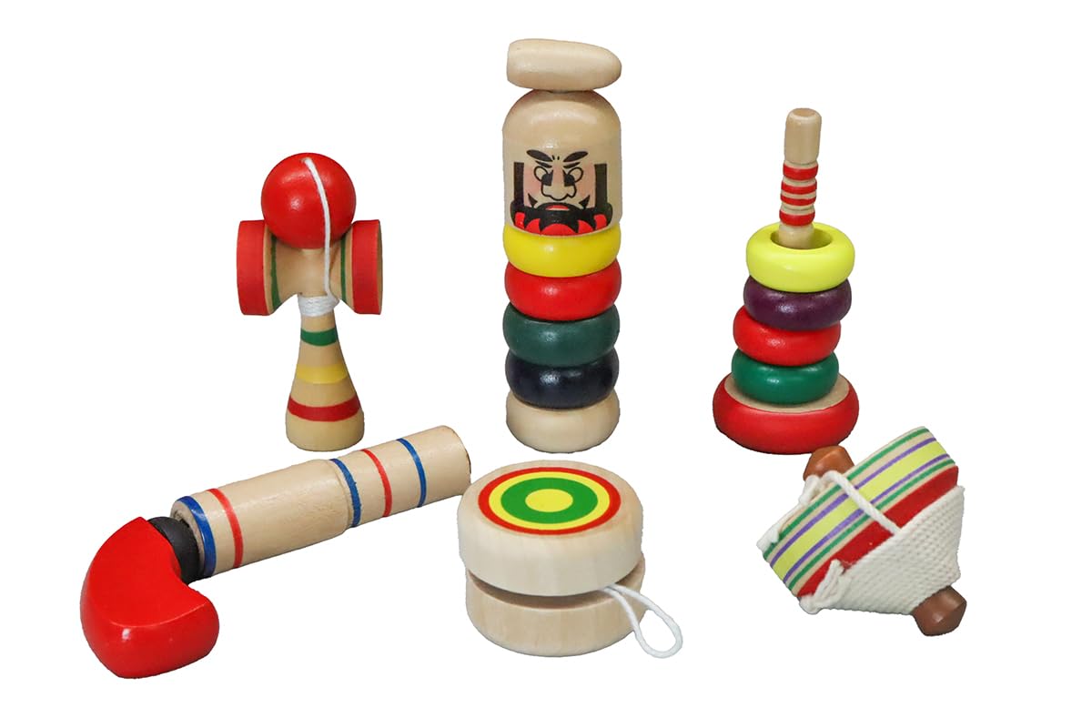 

Миниатюрный японский традиционный деревянный набор игрушек из 6 штук (по 1 шт. Ванаге, Кендама, Дарума-отоси, Помпонное ружье (Без звука), Йо-йо и народный волчок)