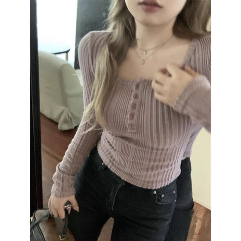 Spring Autumn Solid Color Slim All-match Bottomed T-shirt Women Long Sleeve Vintage Casual Top Pullover Tee