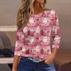 Women's Fashionable Casual Three Quarter Sleeve Christmas Printed Round Neck Top