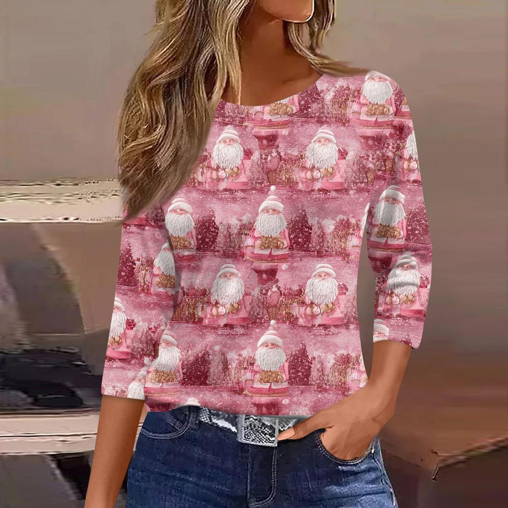 Women's Fashionable Casual Three Quarter Sleeve Christmas Printed Round Neck Top