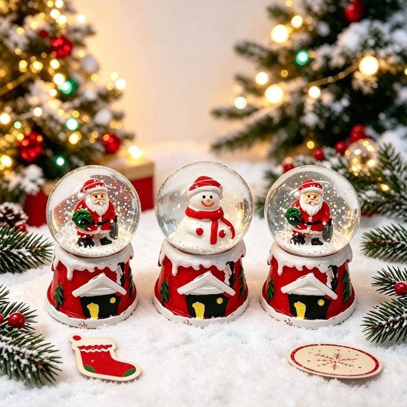 Christmas Water Globe Ornament with LED Light and Falling Snow Effect, Mini Holiday Display Accent in Glass Globe, Movable Shelf Accent, Random Style