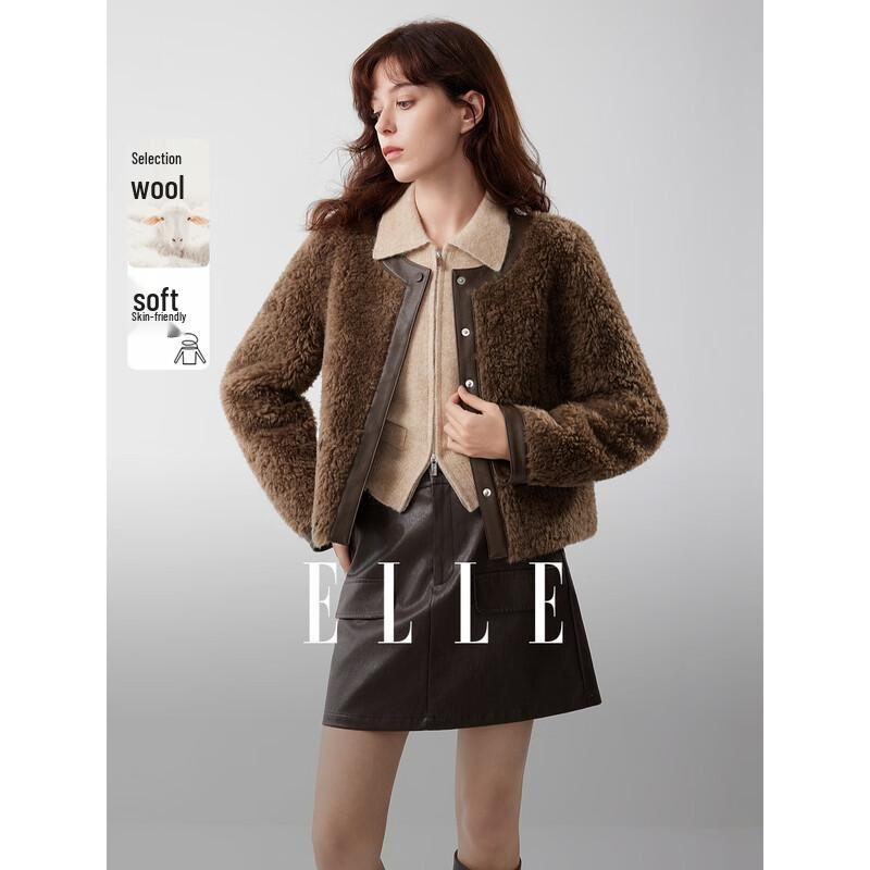ELLE Women s Vintage Wool & Leather Spliced Short Coat L