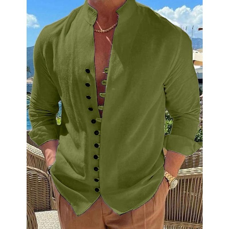 Men stand collar long sleeve shirt chinese style frog button spliced metal buttons loose casual daily vacation top