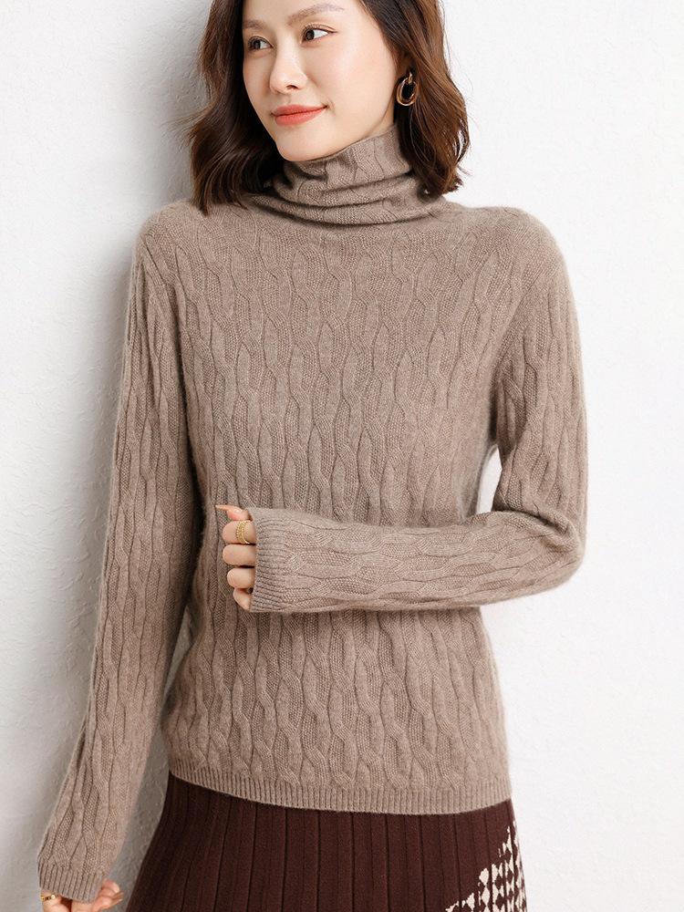 Women's Loose Fit Cashmere Cable Knit High Neck Sweater - Autumn & Winter.