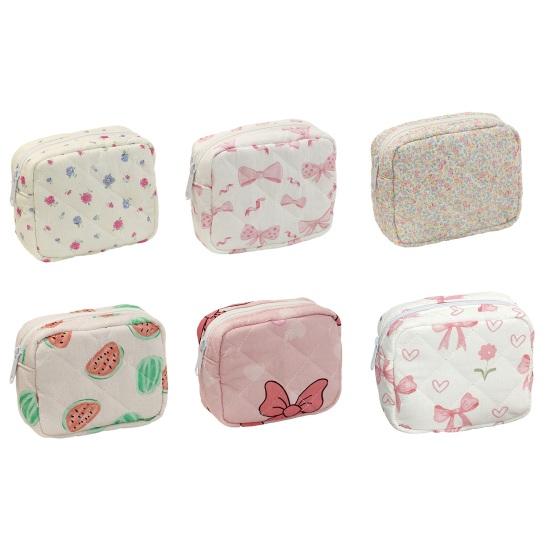 Cute Small Makeup Pouch Bow/Floral Quilted Cosmetic Organizer for Travel Daily Puffy Cotton Toiletry Pencil Purse with Zipper for Women Girls
