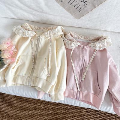 Girls Korean Style Jacket New Children's Autumn Pastoral Cute All-match Hat Lace Edge Zipper Sweater