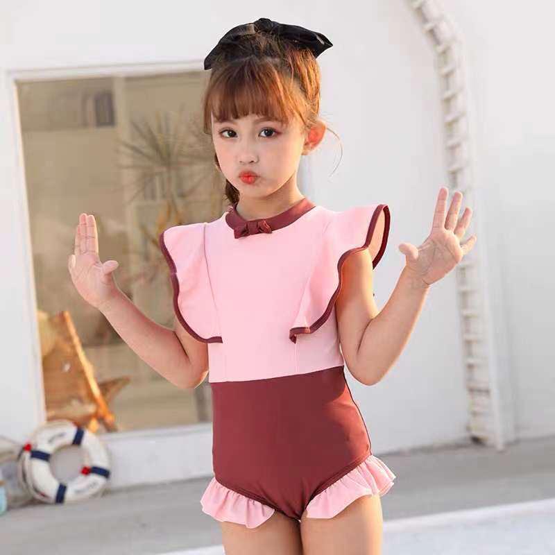 Cute Korean-Style Pink Lace Zipper Swimsuit for Girls