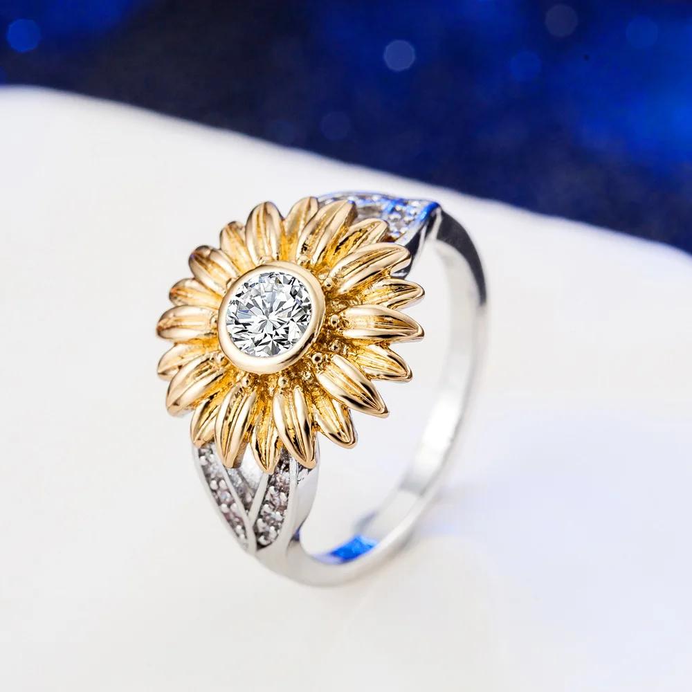 Jewelry Femme Color Cute Sunflower Crystal Wedding Rings For Women  HipHop Party Wedding Gift Creative Vintage