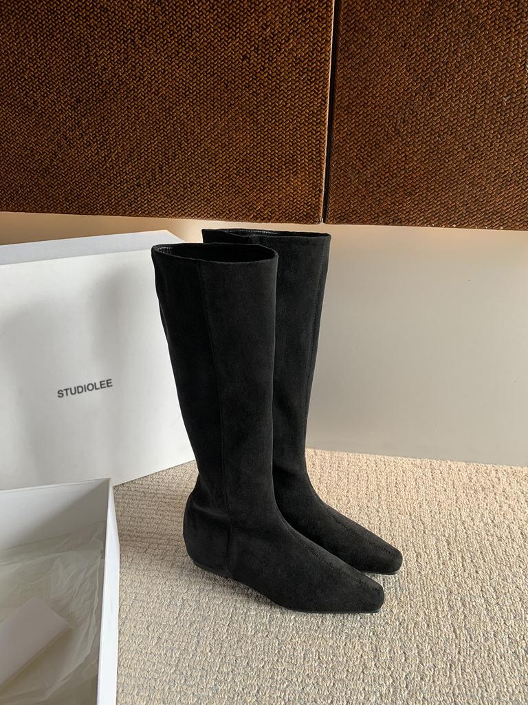 Cowhide Version~ Retro Inner Height-increasing Knight Boots Women's Head Slope Heel Western Boots Stacking Boots Versatile Medium Boots