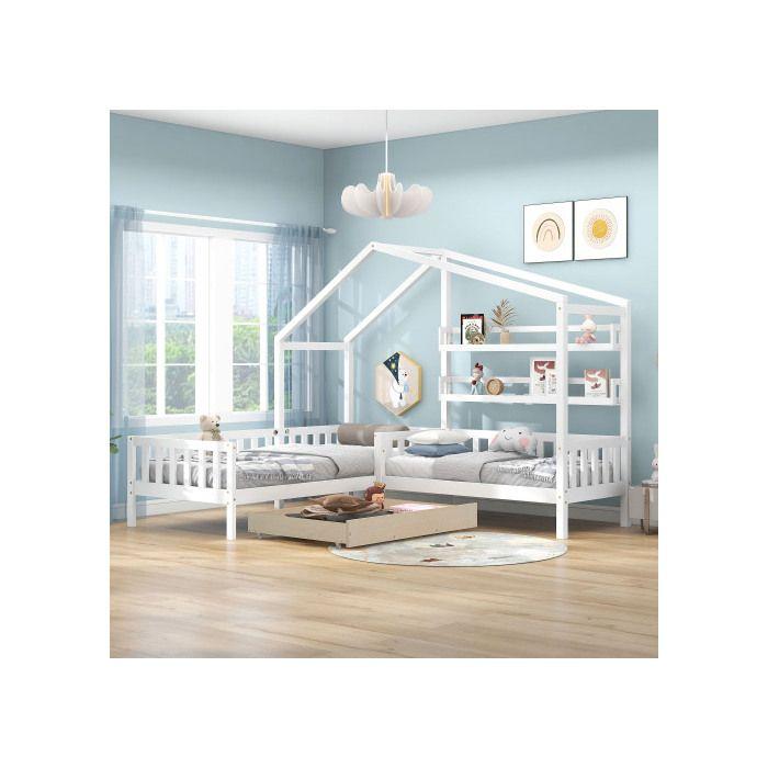 Lit enfant - MUVOE - Lit cabane - Bois massif - Blanc - 90x200 cm + 140x70 cm