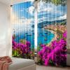 2Pcs French Riviera Coast View Curtains Medieval Town Landscape Curtains Sunshine Blue Sky Beach Curtains A