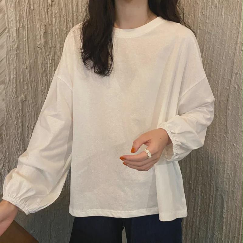 Spring Thin Solid Color Lantern Sleeve Pullover - Korean Style Student & Couple T-Shirt