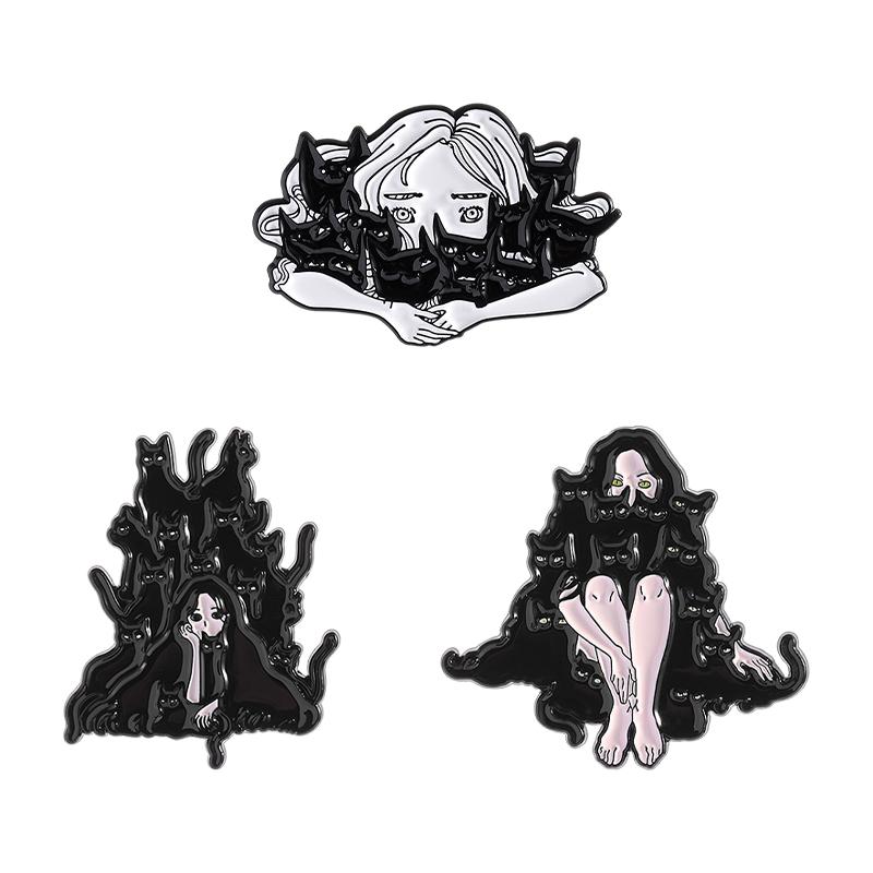 2-8pcs/set Cute Cat Enamel Pins Cartoon Big Eyes Black Kitties with Knife Animal Brooches Lapel Badge Jewelry Gifts For Friends