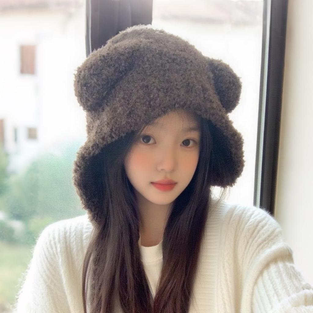 Women'S Fluffy Bear Knitted Beanie - Autumn Winter Thickened Warm Hat With Ear Protection, Cute Fuzzy Winter Cap For Women