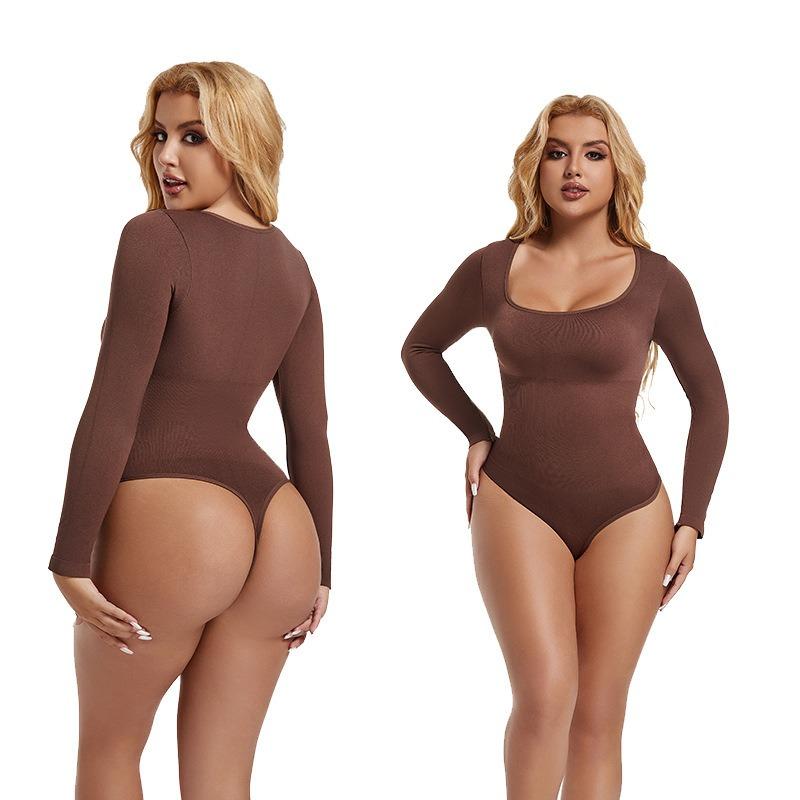 Nahtloser Square Neck Langarm Tummy Control Po-Lifting Taillenraffender Bodysuit Formwäsche