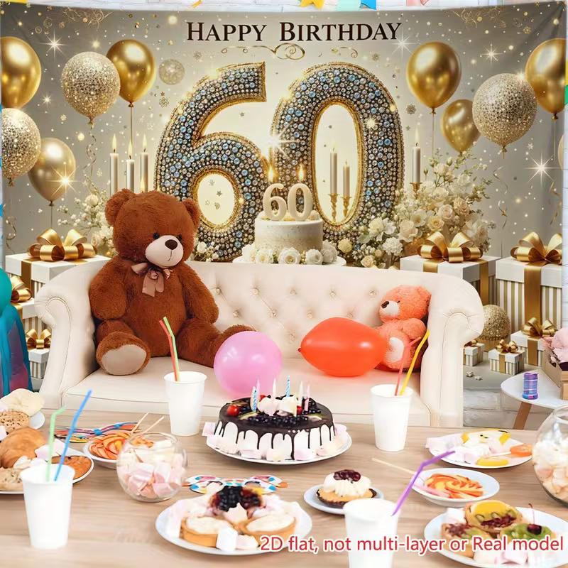 2D Gold Glitter 60th Birthday Backdrop Banner Luxury Diamond Themed Party Decor Background