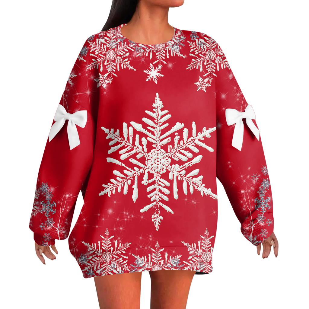 Ladies' Christmas Printed Bow Round Neck Long Sleeved Loose Pullover Sweater Sweatshirt Top