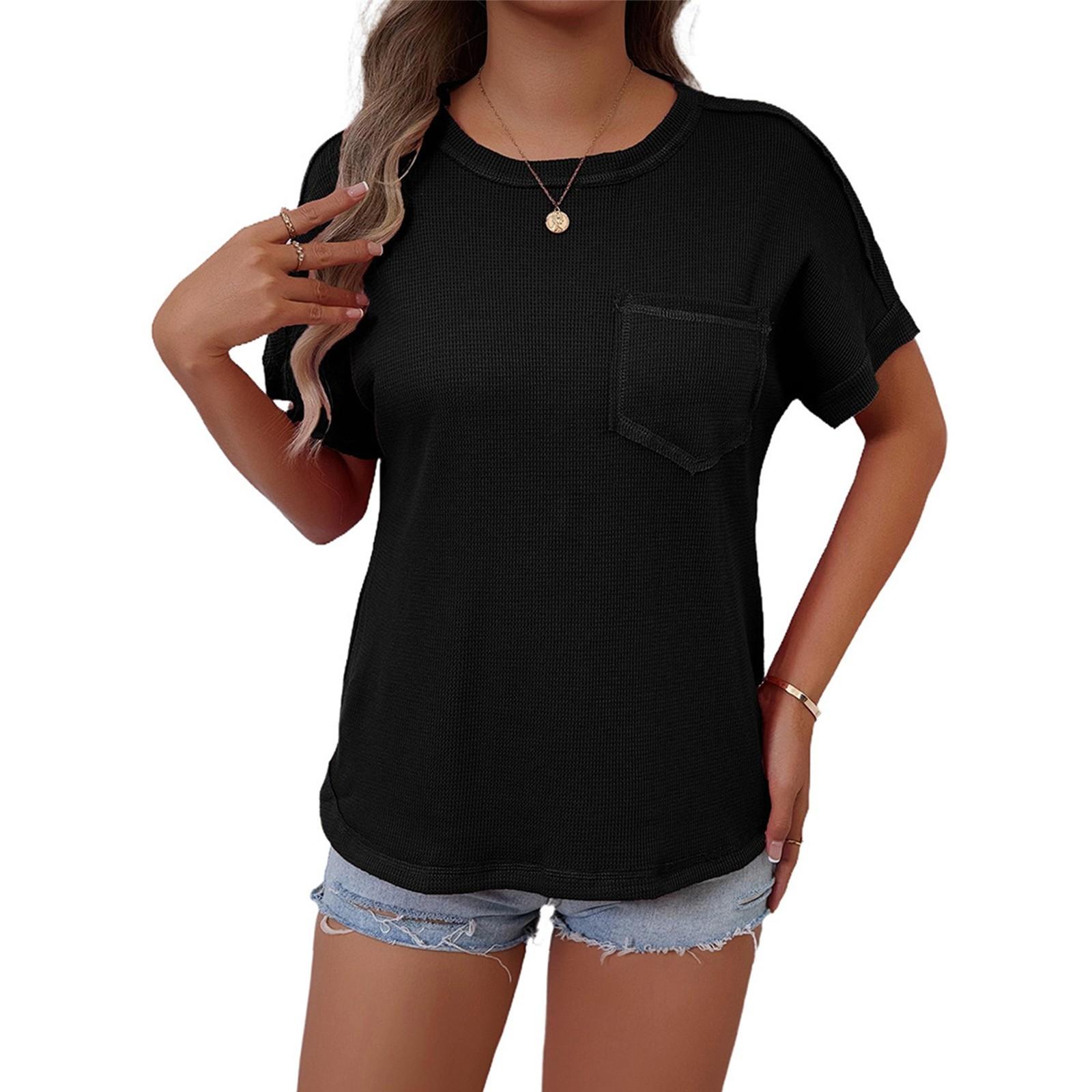 

Женская мода однотонный круглый вырез короткий рукав карман свитер повседневная футболка топ L чёрный