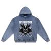 DTG Print Knitted Denim Zip-Up Hoodie Destruction Brother Print Zipper Hoodies  