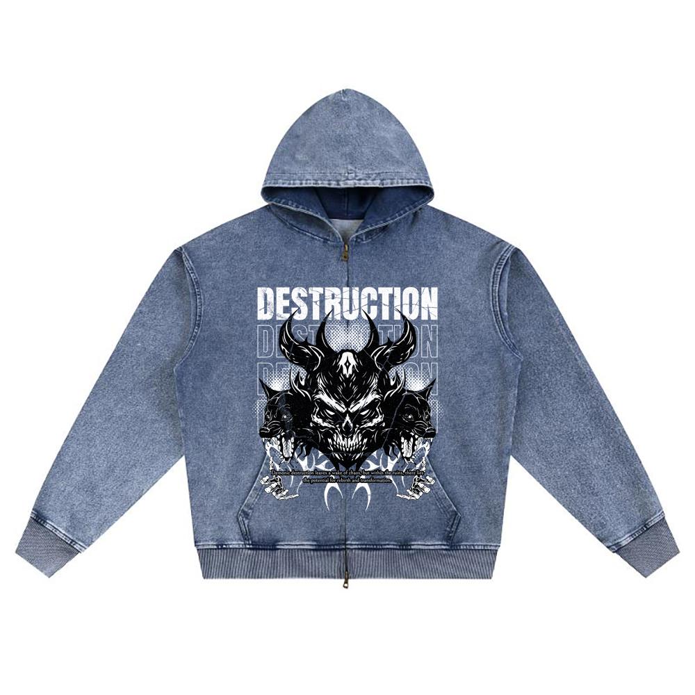 DTG Print Knitted Denim Zip-Up Hoodie Destruction Brother Print Zipper Hoodies  