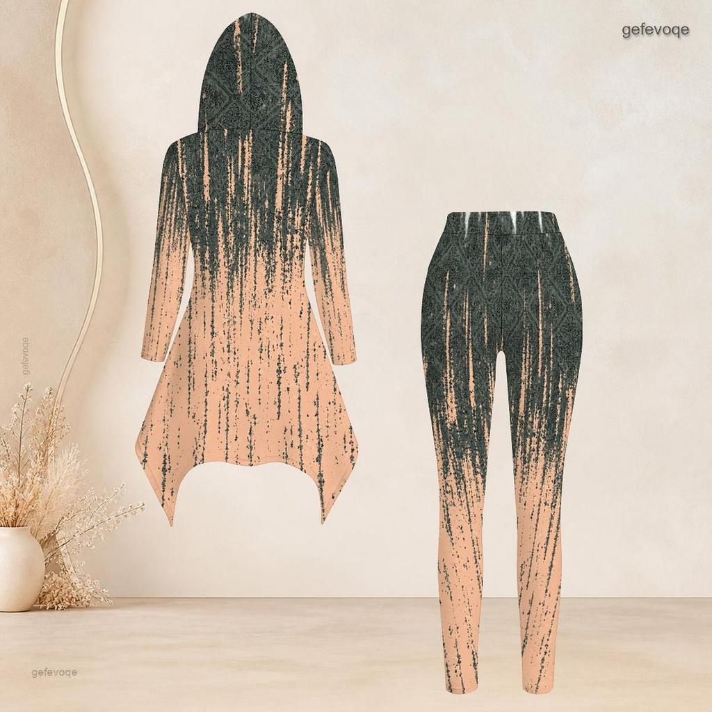 Women Plus Size Printed Hooded Long Sleeve High Low Top And Fitted Pants Two Piece Set