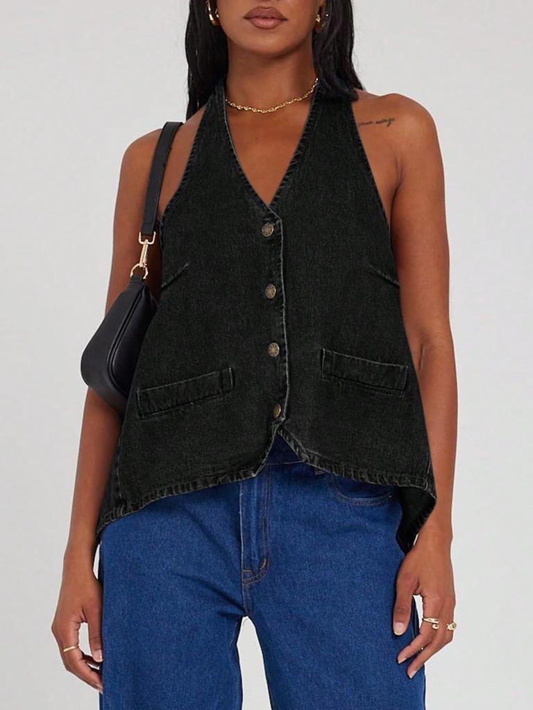 Women's Cropped Quilted Puffer Vest Stand Collar Lightweight Button Down Sleeveless Jacket