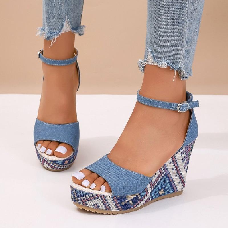 Böhmische High Heel Sandalen Damen Sommer Denim Material Ultra High Heels Strandsandalen Gummisohle Damenschuhe