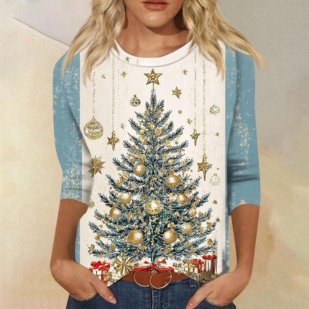 Women's Fashion Casual Round Neck 3/4 Sleeve Loose  Printed T-Shirt Ladies Top