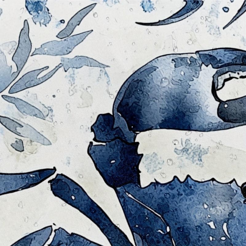 1Pc Blue Gray Crab & Foliage Shower Curtain - 71X71 Inch, Polyester, 12 Hooks, Symmetrical Pattern, Summer Bathroom Decor