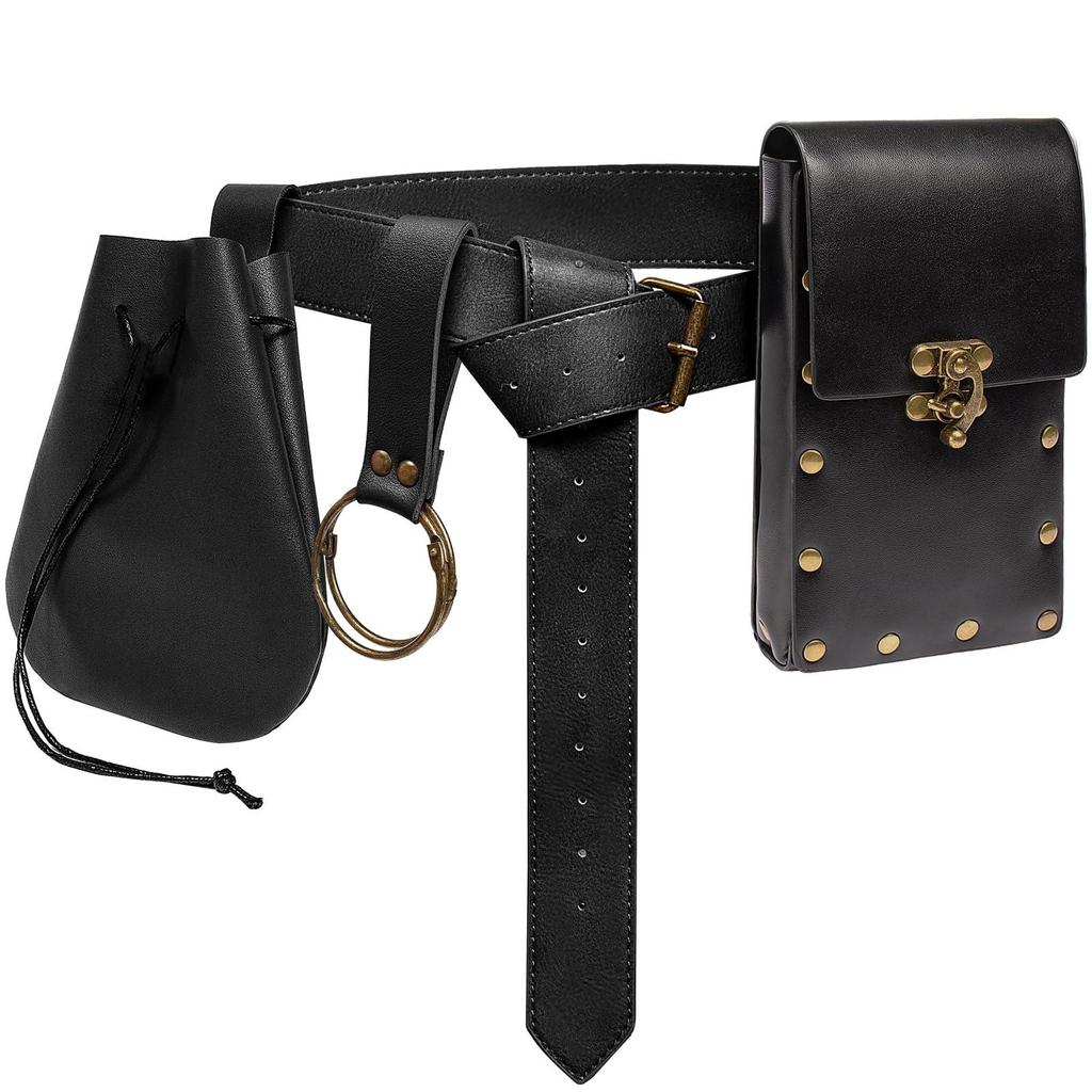 Medieval Leather Waistband Belt with Cord and Pouch
