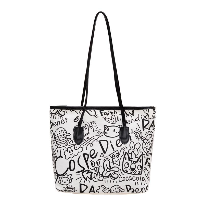 

2025 Women s Graffiti Canvas Tote - Large Capacity Shoulder Handbag белый/чёрный