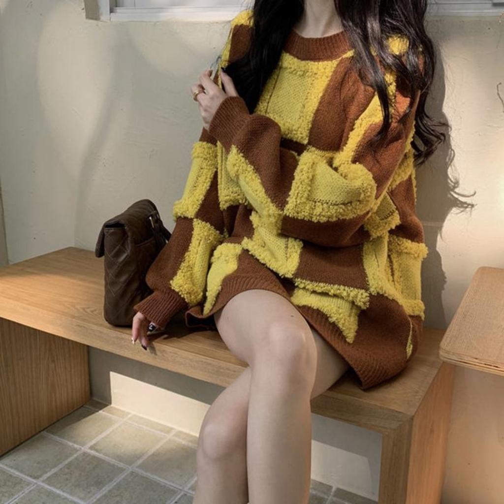 Sweter w kratę, damski, pogrubiony, luźny sweter z okrągłym dekoltem, dzianinowy top