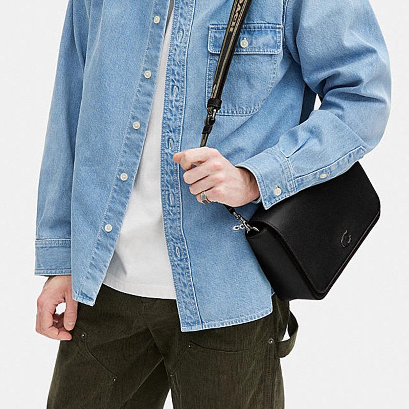 New COACH Cross Stitch Leather With Canvas Messenger Bag Crossbody Bag Shoulder Bag Medium Size Women's Black CJ843-BLK