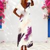 Women Plus Size V Neck Short Sleeve Marble Printed Teal Blue Maxi Dress