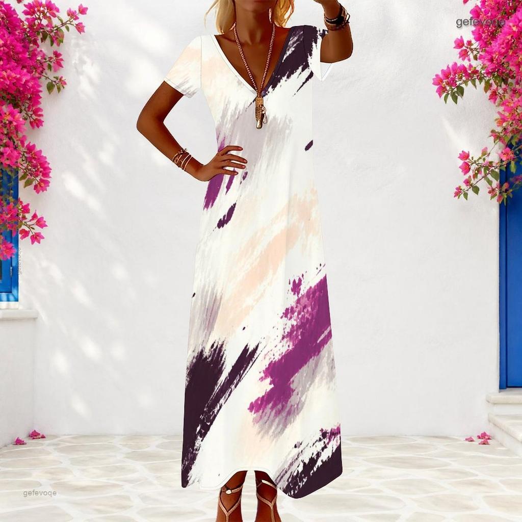 Women Plus Size V Neck Short Sleeve Marble Printed Teal Blue Maxi Dress