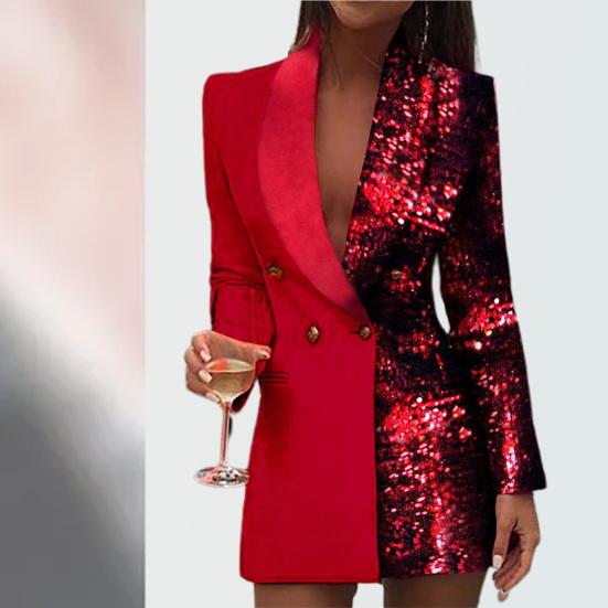 Damenkleid tiefer V-Ausschnitt Pailletten Herbst Winter Sexy Kontrastfarbe Arbeit Formelles Kleid für Party