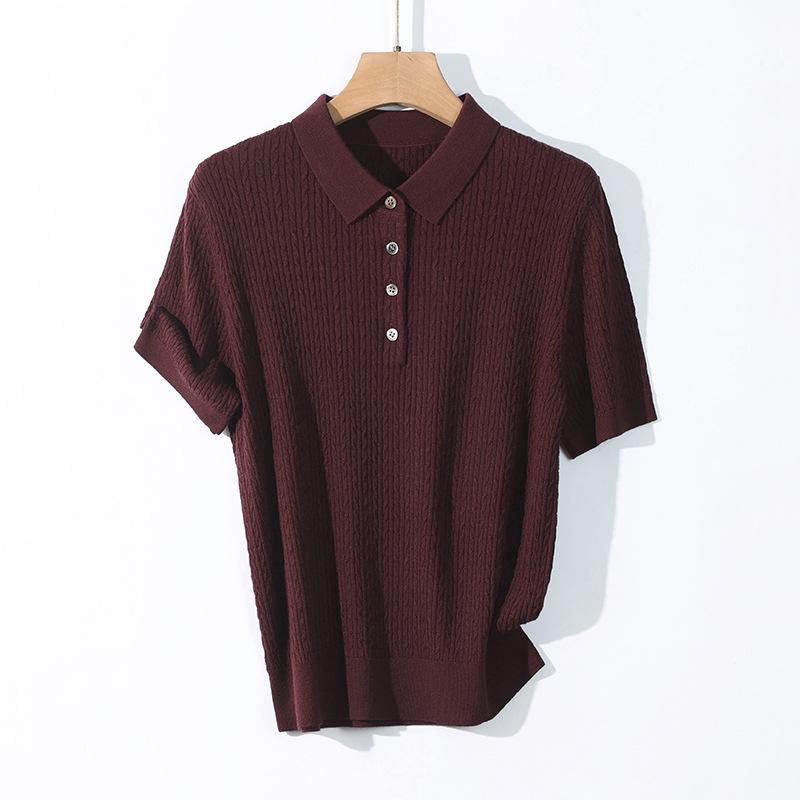 Women's Retro Flower Button Knit Polo Top - Machine Washable Wool, Short Sleeve, Lapel Collar for Autumn/Winter