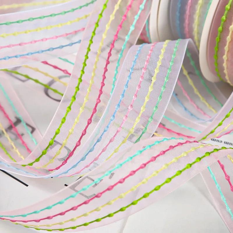10yards/Roll Bow Ribbon Transparent Rainbow Color DIY Silk Ribbon 9 Meters Bouquet Gift Packaging 2.5cm Bubble