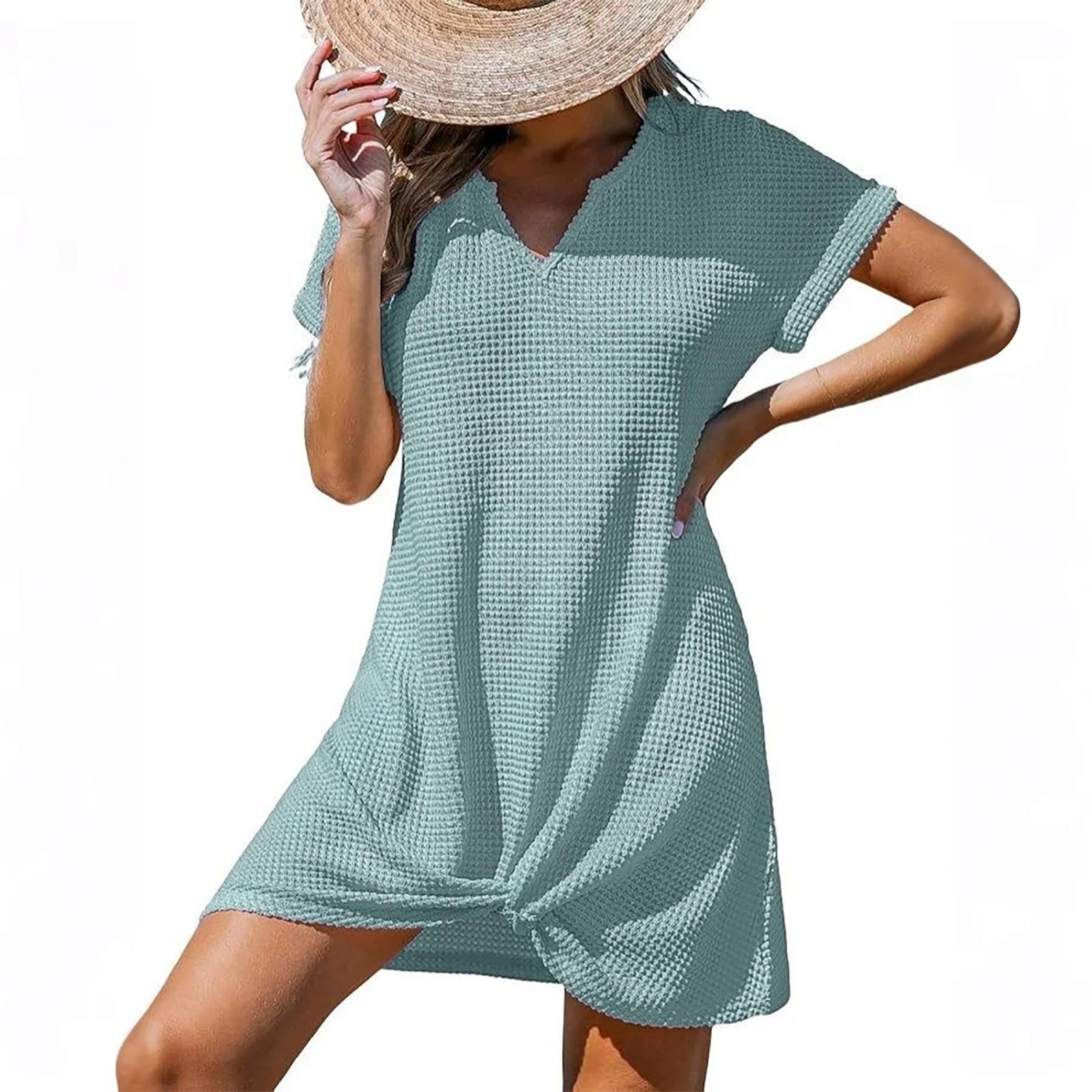 Women s Summer Loose Fit Casual V Neck Twist Knot Beach Cover Up Dress Short Sleeve Lightweight Tunic XL