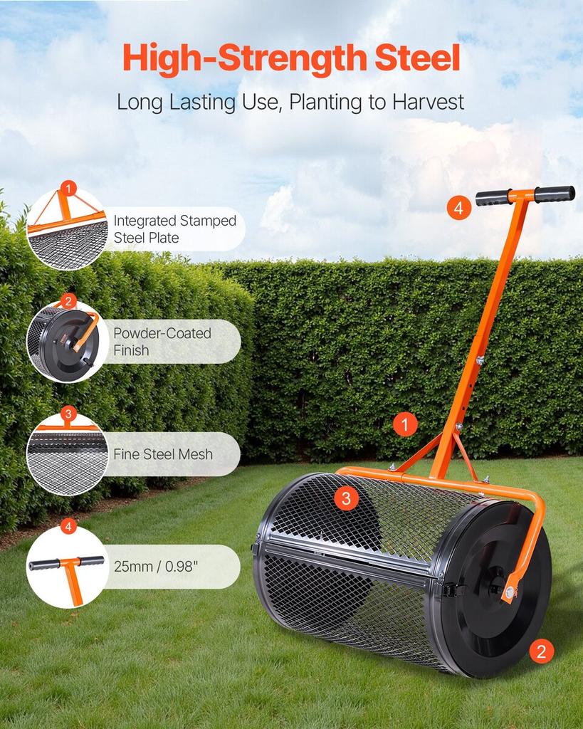Spargicontenuto, Spargitofano da 61 cm con Manico a T, Altezza Regolabile su 3 Livelli, Rullo Spargitofano da Giardino in Acciaio Verniciato a Polvere, Robusto