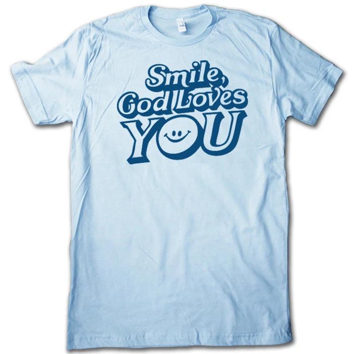 

Smile God Loves You RETRO 80 s 100% Cotton T-shirt Mens Tees Top • SMILEY FACE Super-Soft Graphic Tee! L