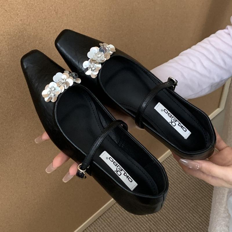 

Fashion Silver Flower Embellished Mary Jane Shoes Women Fashion Square Toe Shallow Buckle Designer Shoes Comfortable Office Dress Shoes 39 чёрный