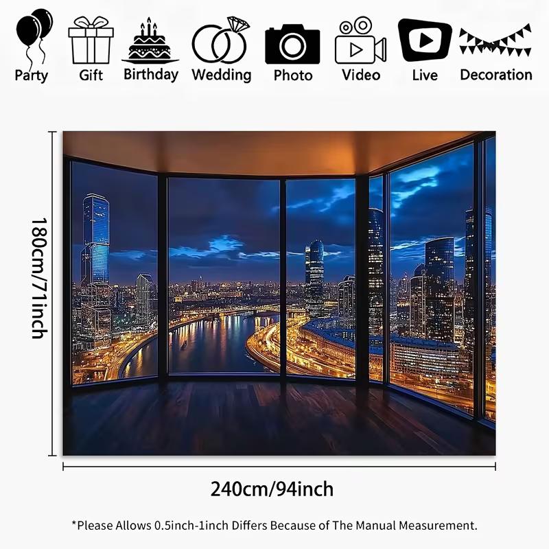 

2D City Night Tapestry, Illuminated Skyscrapers and River Through Floor-to-Ceiling Windows 47.2x31.5inch/120*80cm