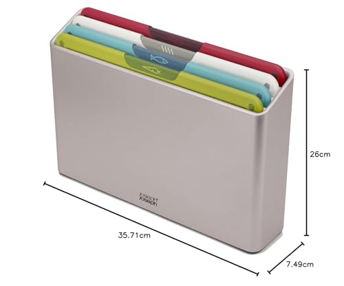Joseph Joseph Cutting Board Set of 4, Large Size Folio, Color-Coded for Different Food Types, Non-Slip, Dishwasher Safe, with Storage Case, Food Icons